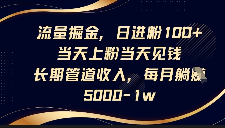 流量掘金,日进粉100+,当天上粉当天见钱,长期管道收入,每月躺挣5k-狐狸网创资源网